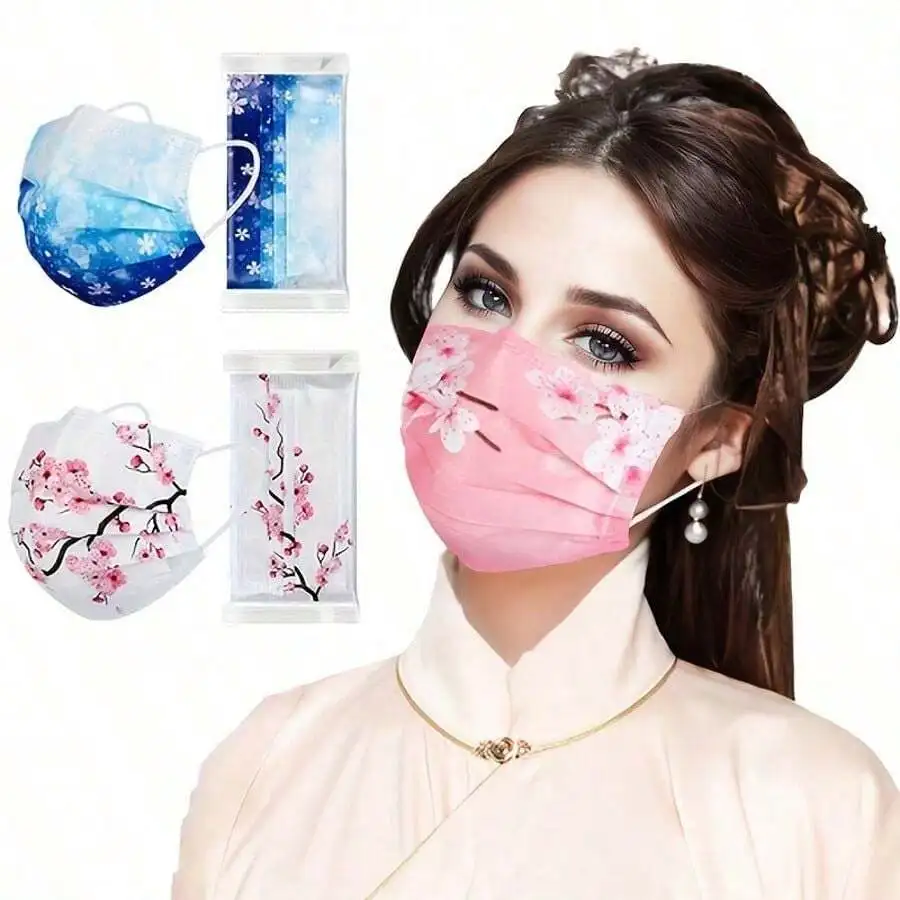 10pcs Floral Sakura Print 3-Pl - Disposable Mask Blue review and price